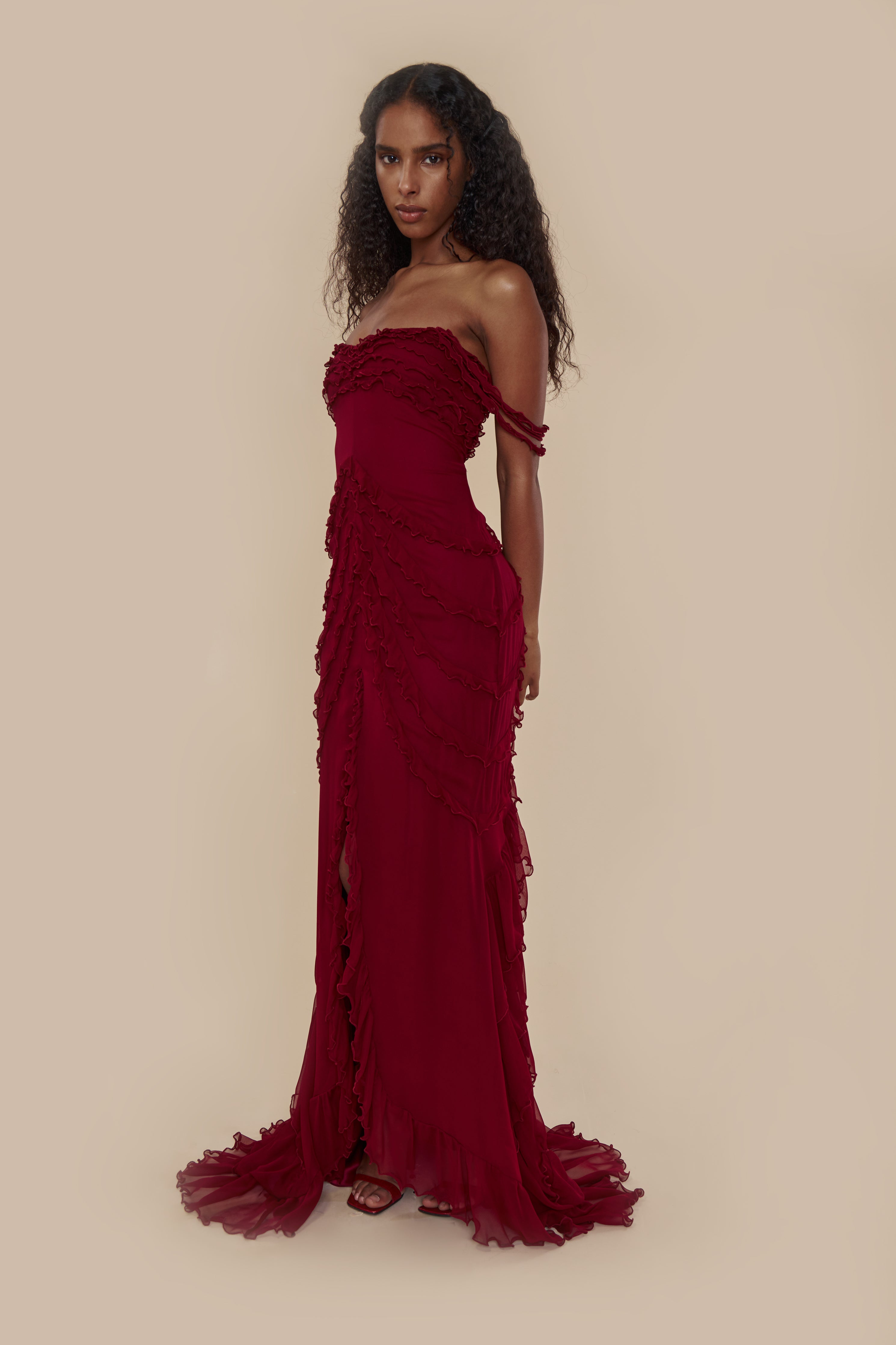 Cascading Ruffle Gown in Sangre
