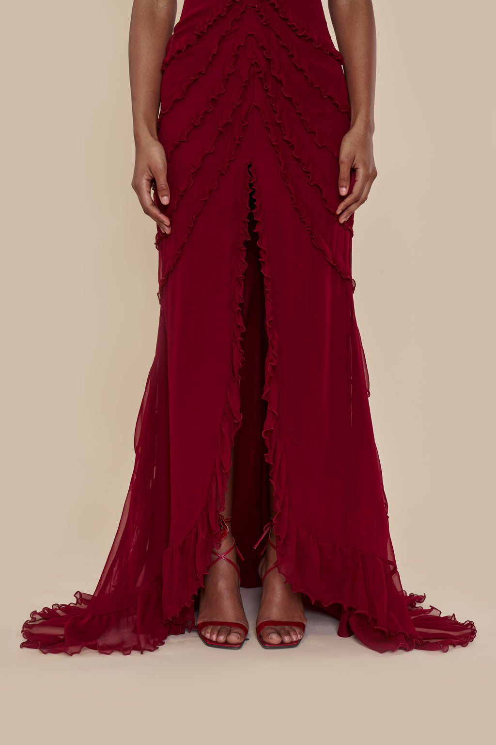 Cascading Ruffle Gown in Sangre
