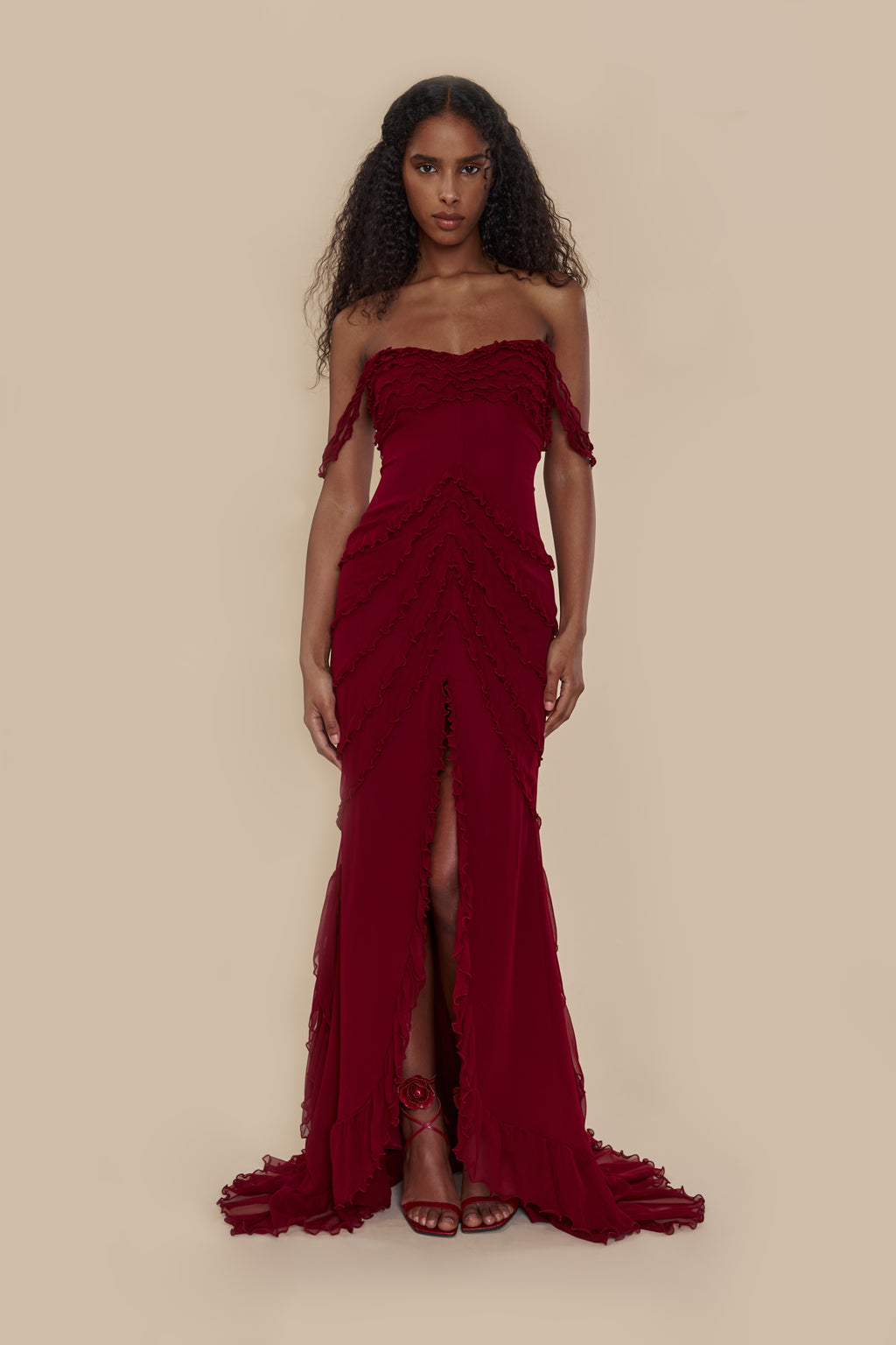 Cascading Ruffle Gown in Sangre