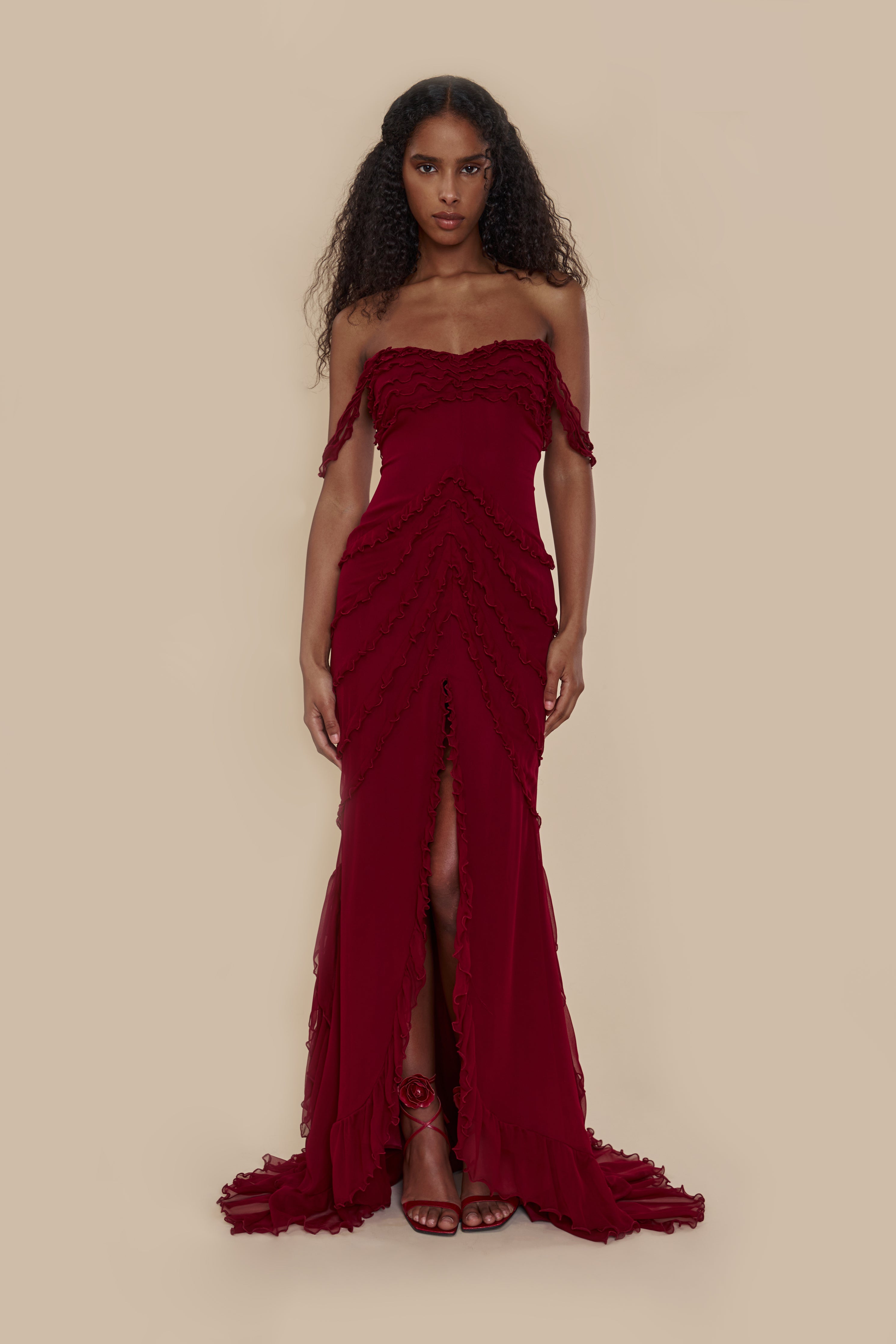 Cascading Ruffle Gown in Sangre