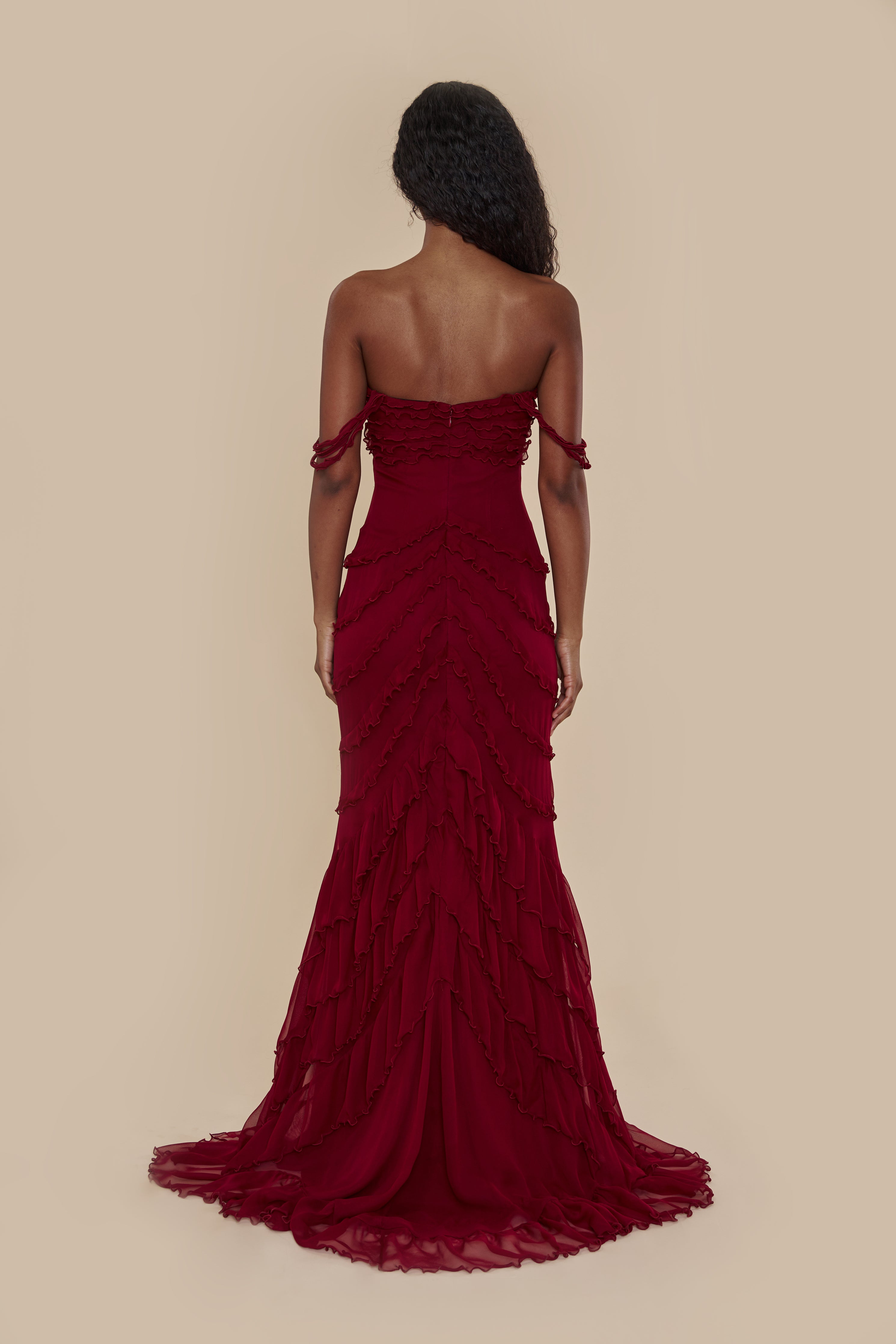 Cascading Ruffle Gown in Sangre