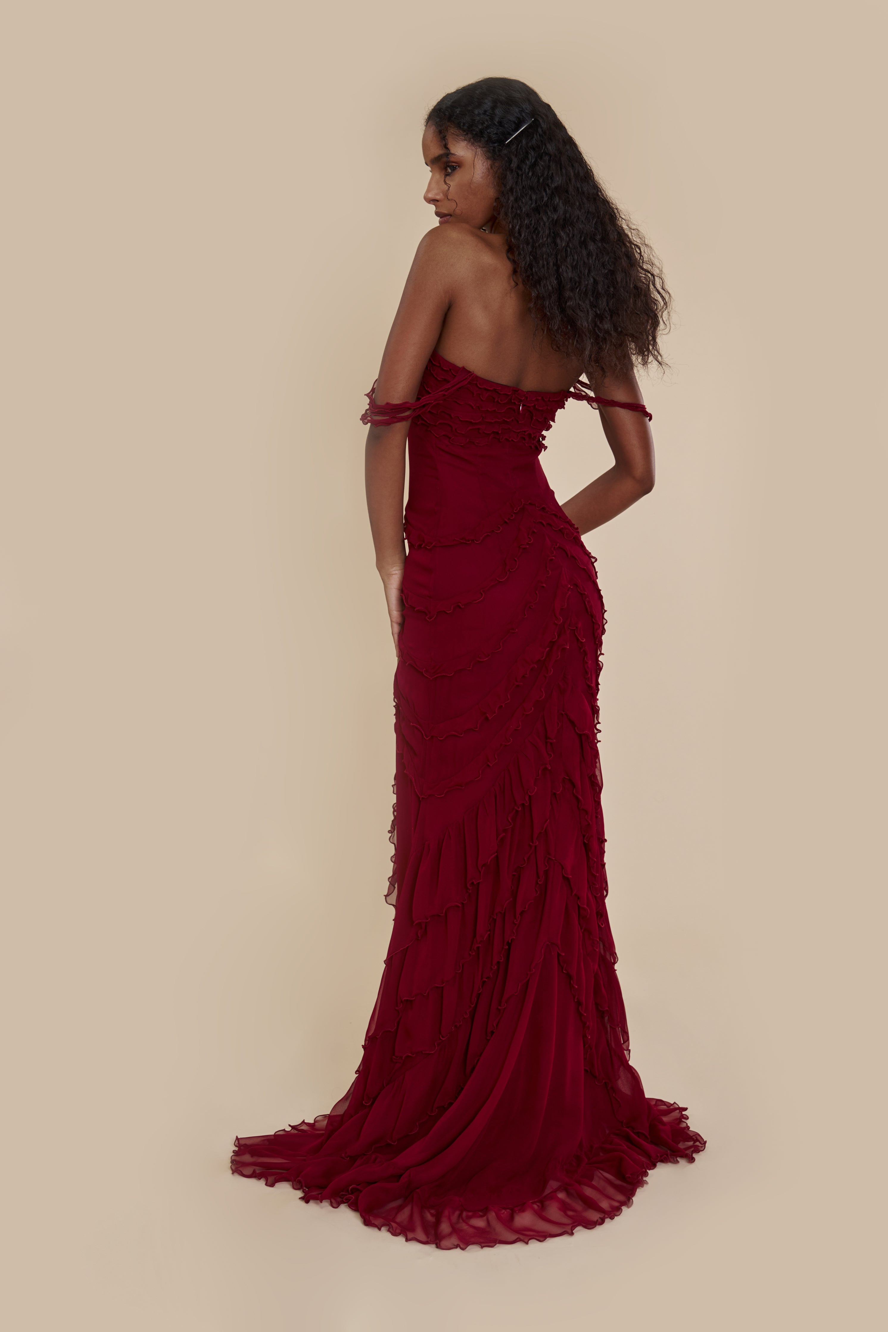 Cascading Ruffle Gown in Sangre