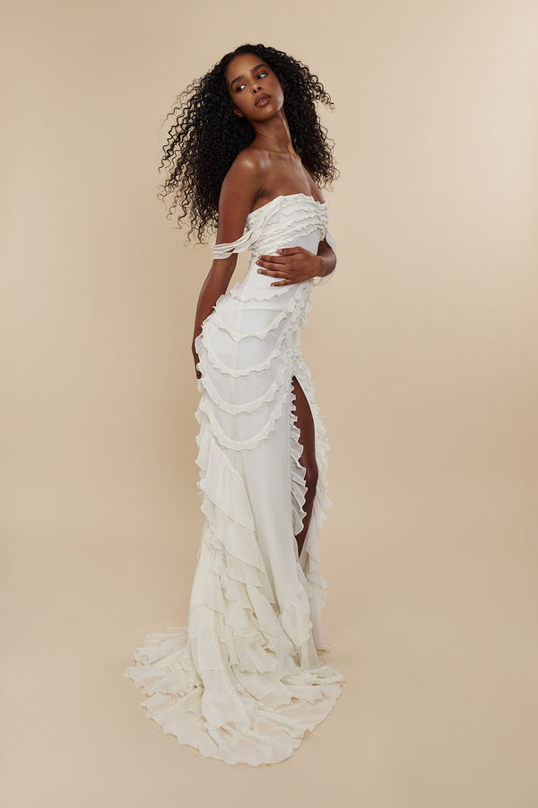 Beaded Cascading Ruffle Gown
