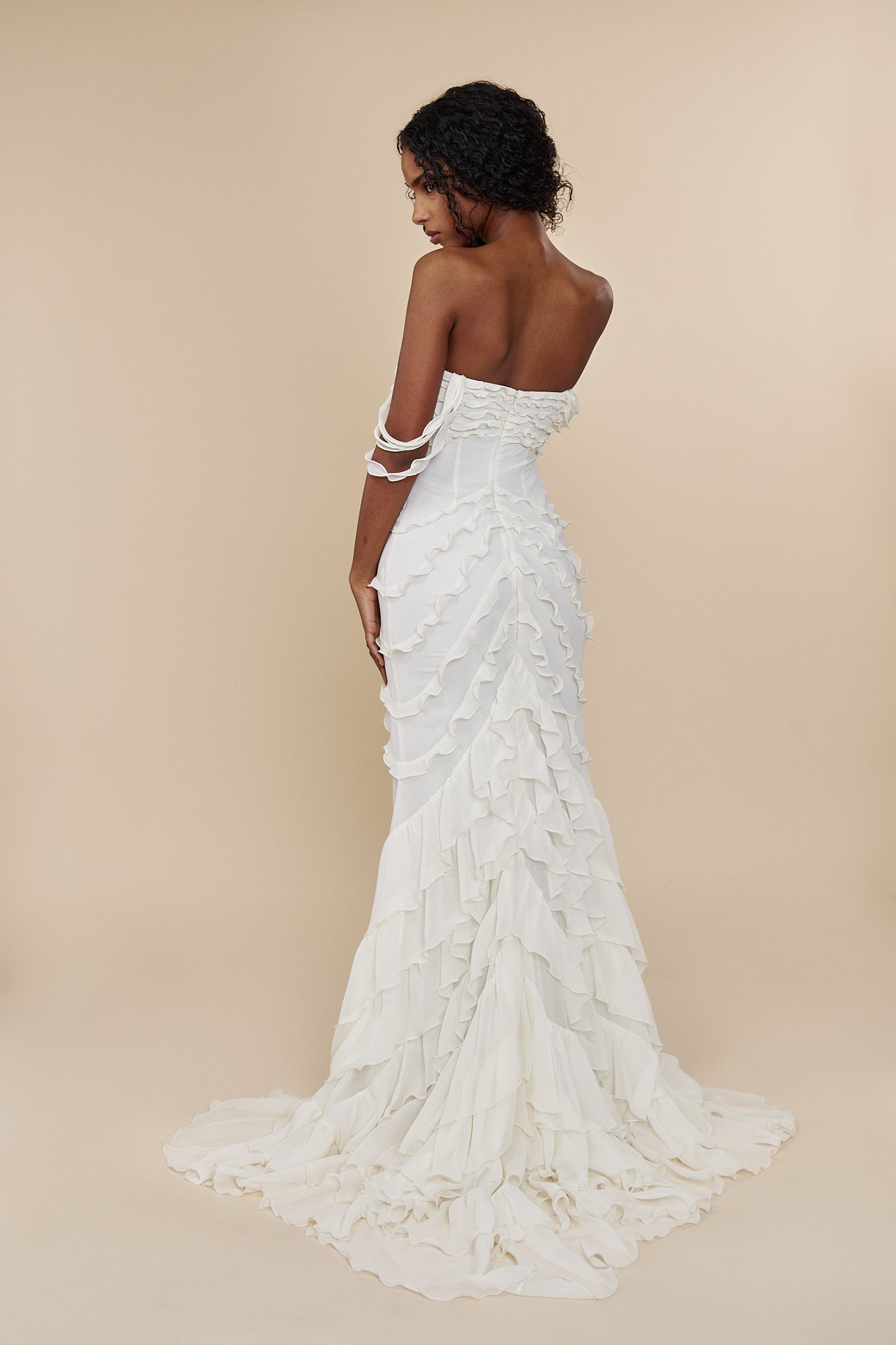 Cascading Ruffle Gown in Pearl Mirror Palais Cascading Ruffle Gown in Pearl Mirror Palais