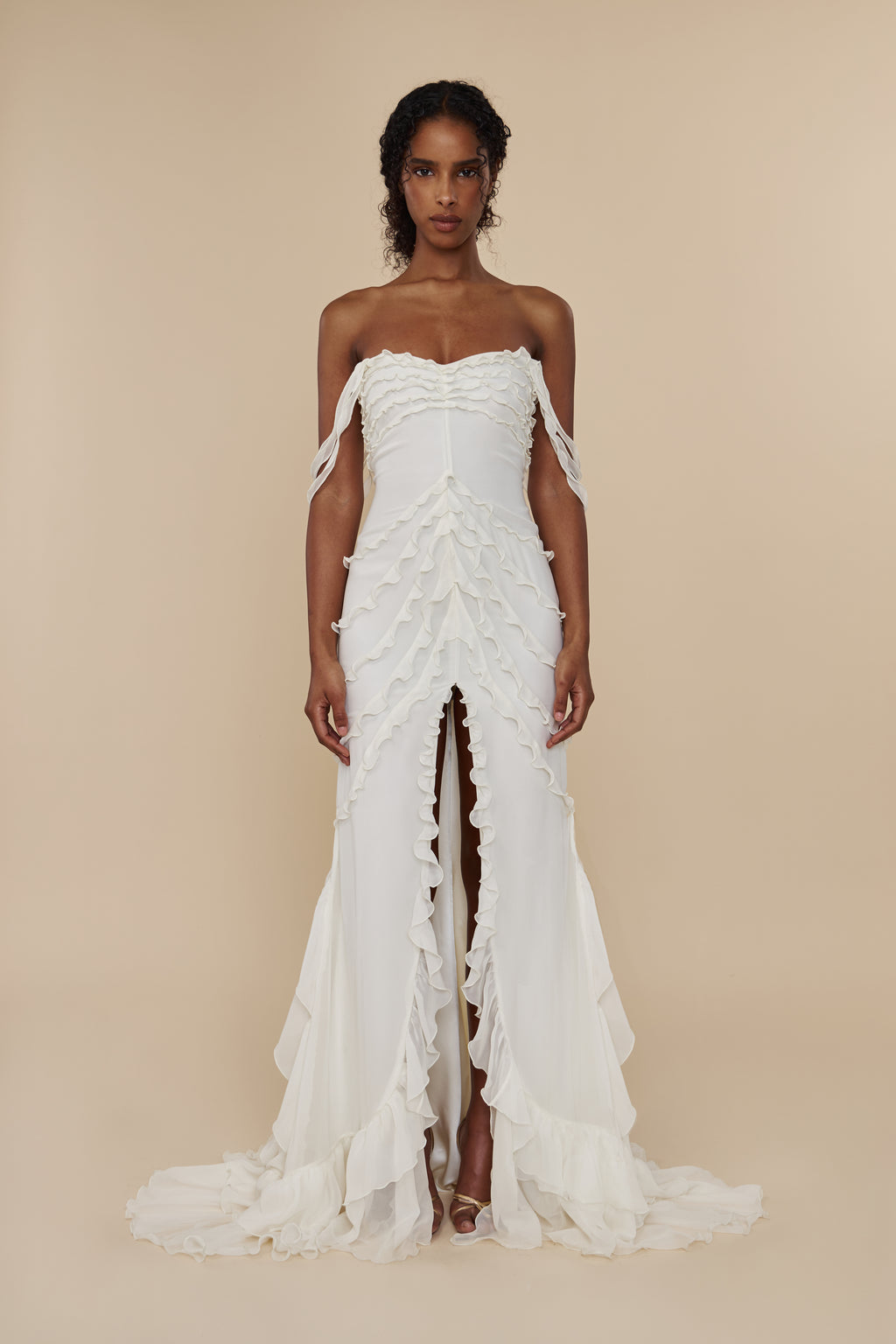 Cascading Ruffle Gown in Pearl