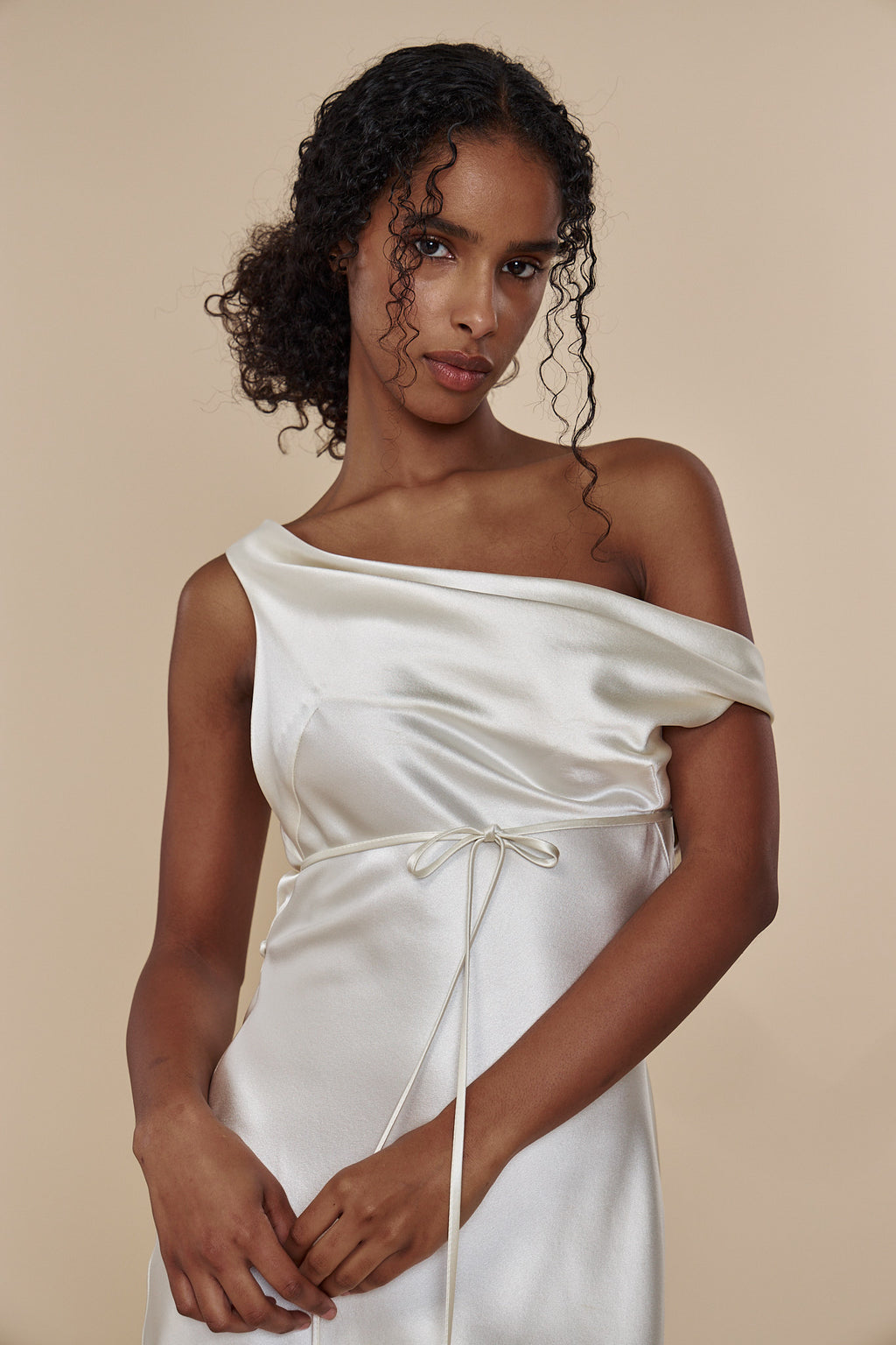 Plunging Back Cowl Mini Dress in Pearl
