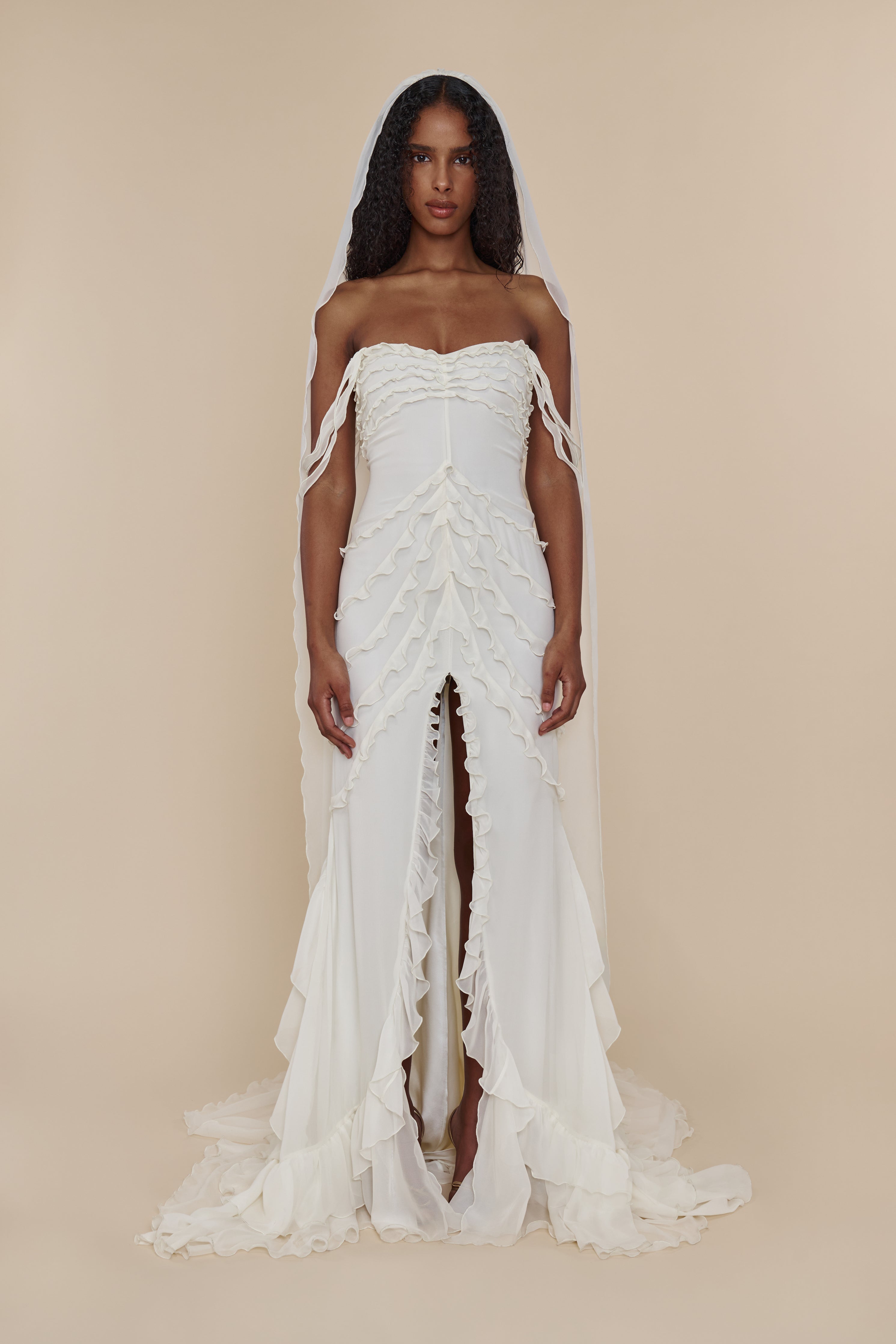 LeoArobe アローブ　Pearl Ruffle Dress Cascading Ruffle Gown in Pearl – Mirror Palais