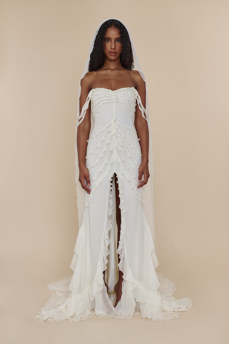 Cascading Ruffle Chiffon Floor Length Gown Periwinkle
