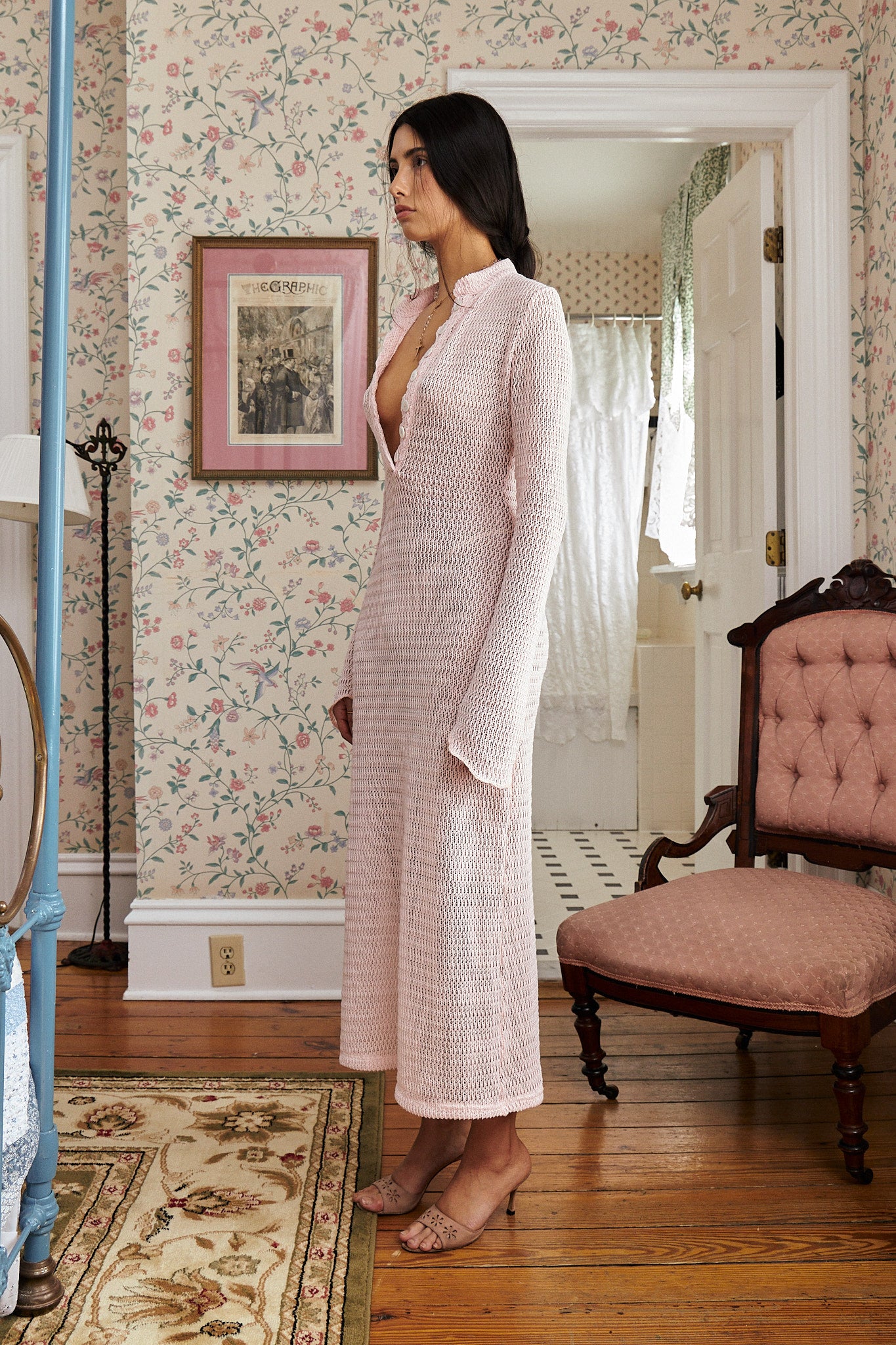 Crochet Long Sleeve Dress Pink