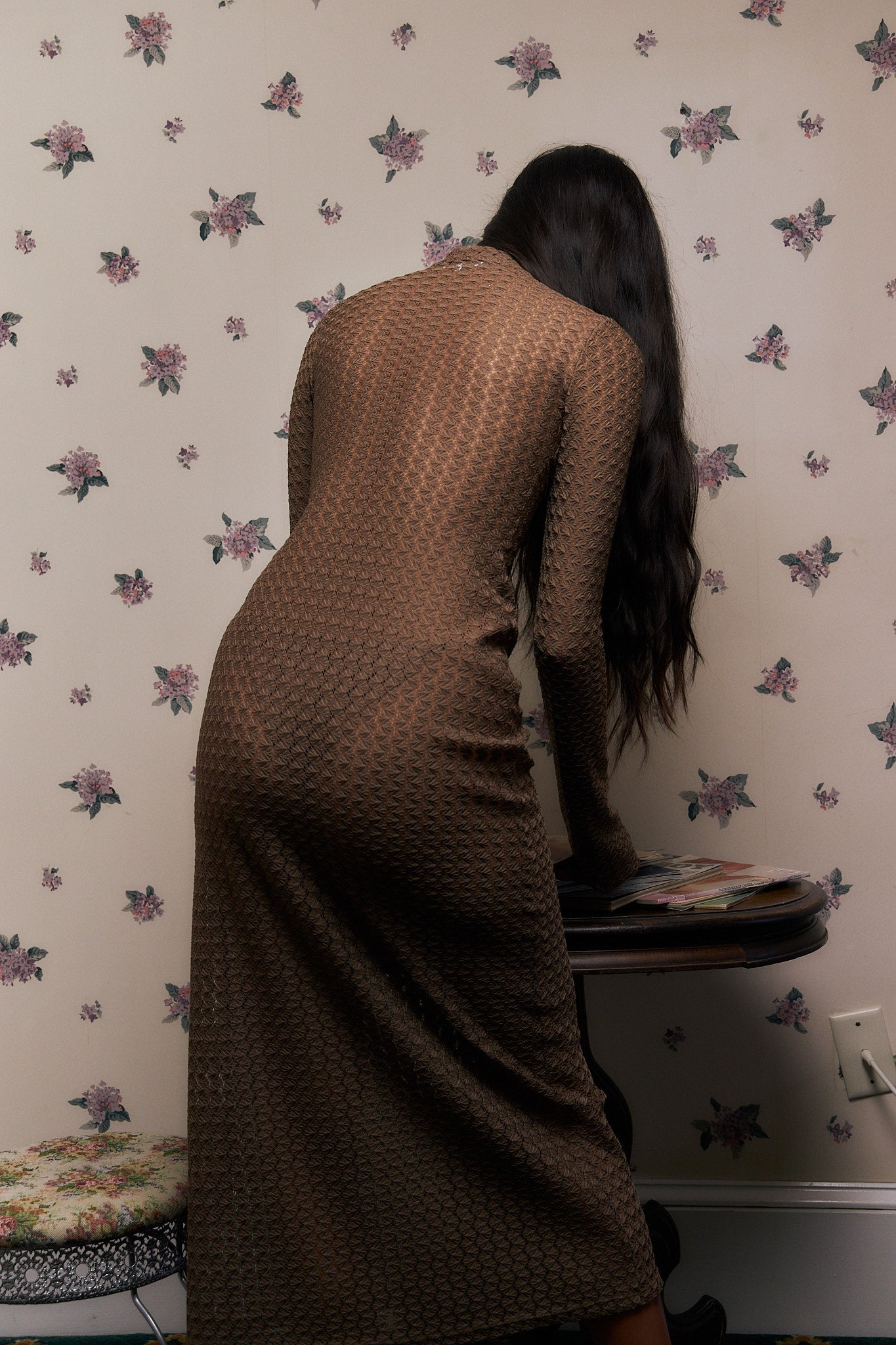 Crochet Long Sleeve Dress Brown