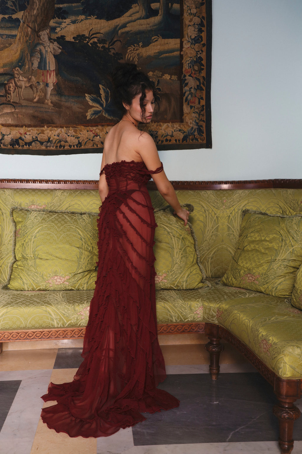 Cascading Ruffle Gown in Sangre