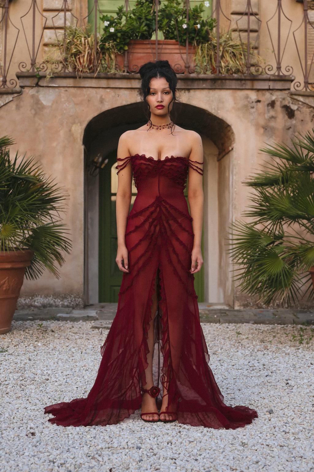 Cascading Ruffle Gown in Sangre