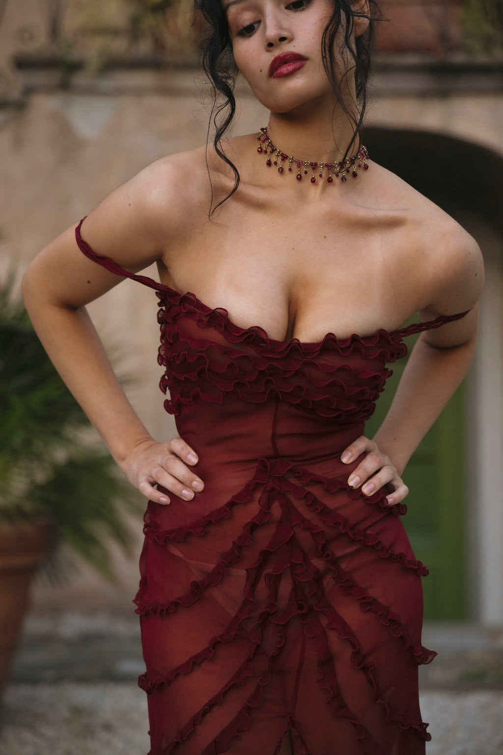 Cascading Ruffle Gown in Sangre