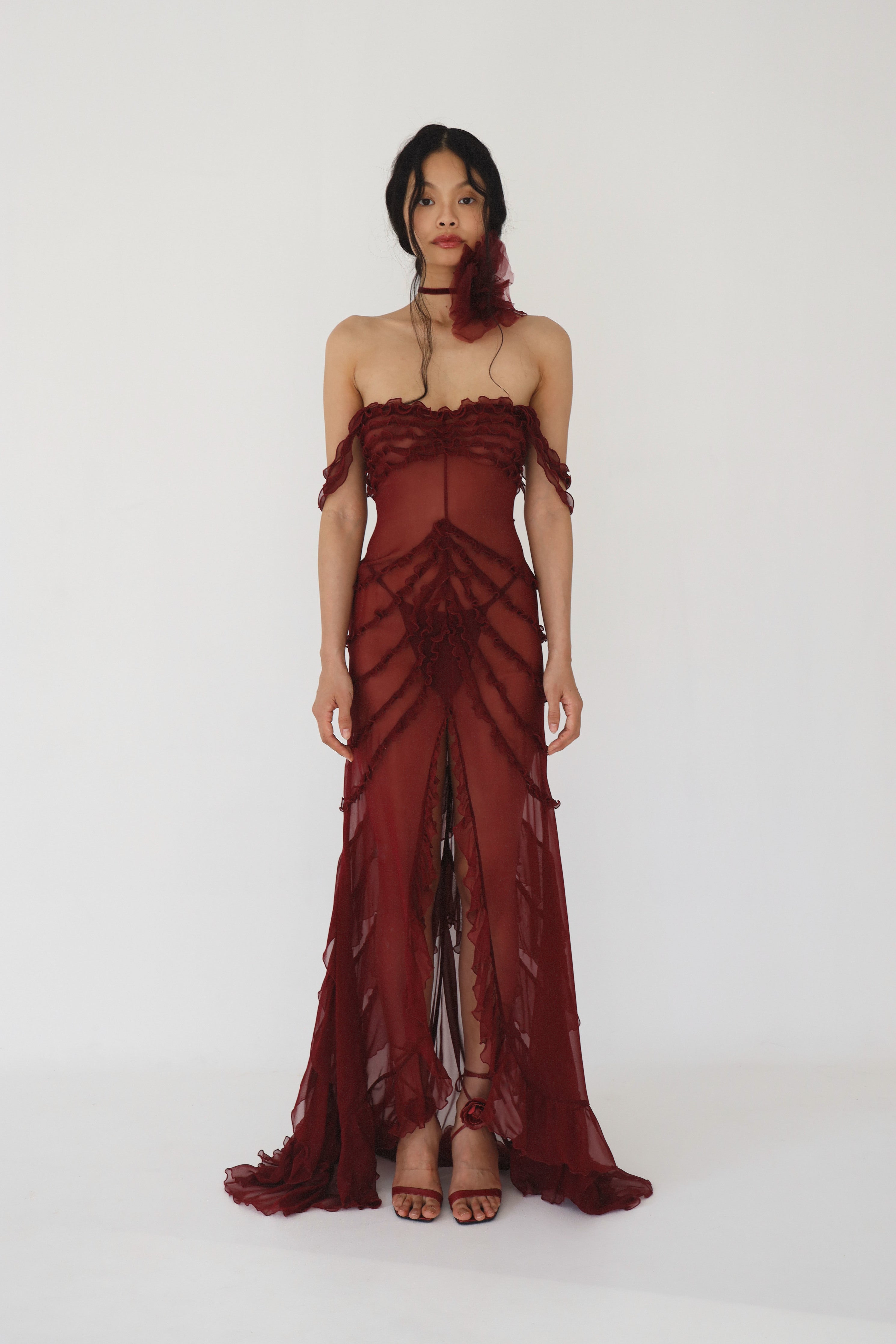 cascading ruffle red dress Cascade Ruffle Midi Dress in Red